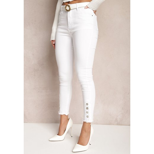 Białe Dopasowane Jeansy z Postrzępionymi Nogawkami i Guzikami Venissa Renee XL Renee odzież wyprzedaż