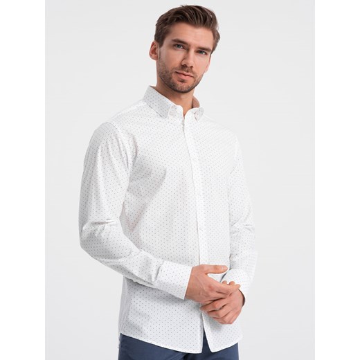 Klasyczna męska bawełniana koszula SLIM FIT w mikro wzór - biała V1 OM-SHCS-0156 ze sklepu ombre w kategorii Koszule męskie - zdjęcie 168212179