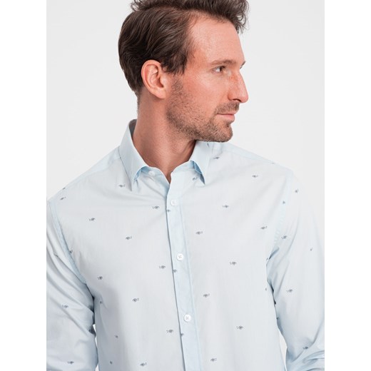 Klasyczna męska bawełniana koszula SLIM FIT w rybki - błękitna V4 OM-SHCS-0156 ze sklepu ombre w kategorii Koszule męskie - zdjęcie 168212197