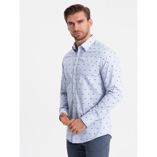 Klasyczna męska bawełniana koszula SLIM FIT w kraby - jasnoniebieska V6 OM-SHCS-0156 ze sklepu ombre w kategorii Koszule męskie - zdjęcie 168212209