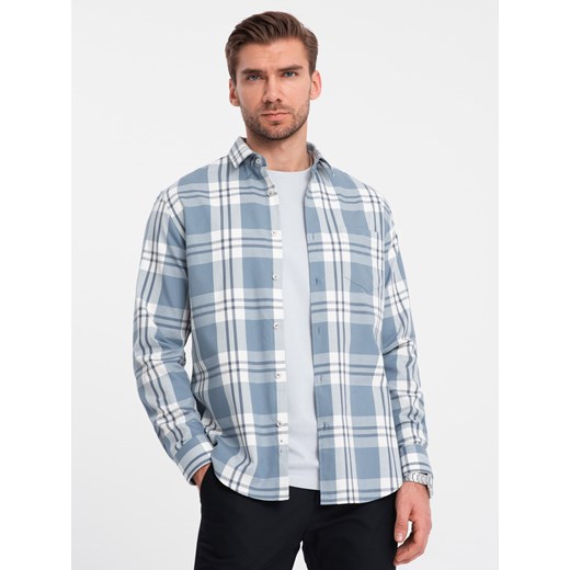 Klasyczna flanelowa męska koszula bawełniana w kratę - niebiesko-kremowa V2 OM-SHCS-0157 ze sklepu ombre w kategorii Koszule męskie - zdjęcie 168212227