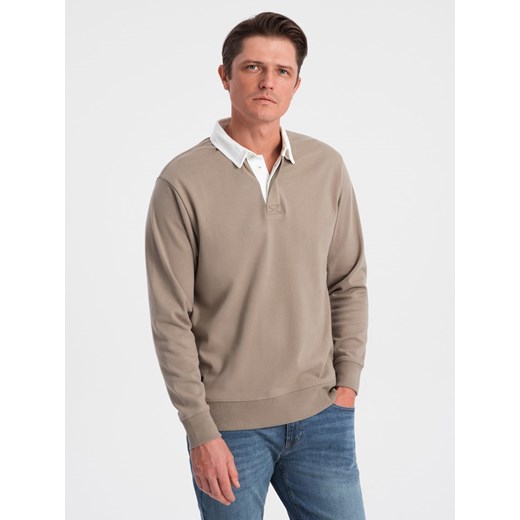 Bluza męska z białym kołnierzykiem polo - ciemnobeżowa V2 OM-SSNZ-0132 ze sklepu ombre w kategorii Bluzy męskie - zdjęcie 168245655
