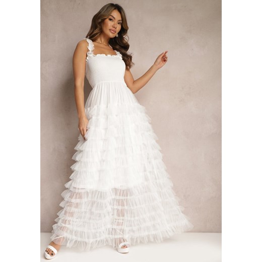 Biała Koktajlowa Sukienka Maxi z Tiulowymi Falbankami Amiusa ze sklepu Renee odzież w kategorii Sukienki - zdjęcie 168250175
