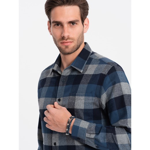 Koszula męska flanelowa w kratę - niebieska V4 OM-SHCS-0150 ze sklepu ombre w kategorii Koszule męskie - zdjęcie 168253738