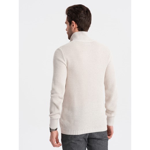 Sweter męski dzianinowy z rozpinaną stójką - kremowy V1 OM-SWZS-0105 L ombre