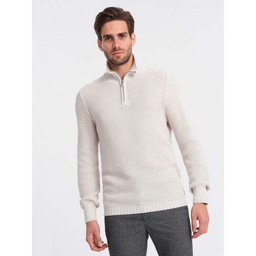 Sweter męski dzianinowy z rozpinaną stójką - kremowy V1 OM-SWZS-0105 XXL ombre