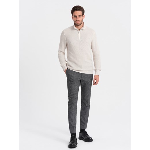 Sweter męski dzianinowy z rozpinaną stójką - kremowy V1 OM-SWZS-0105 L ombre