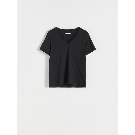 Czarna bluzka damska Reserved z okrągłym dekoltem na wiosnę z krótkimi rękawami 