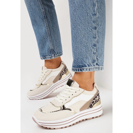 Buty sportowe damskie beżowe Born2be sneakersy na platformie wiązane 