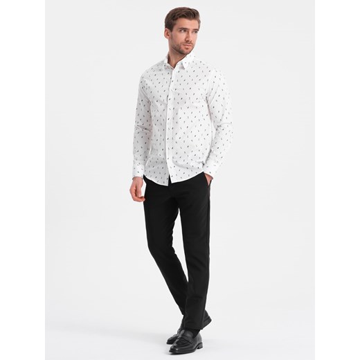 Męska koszula bawełniana we wzory SLIM FIT - biała V2 OM-SHCS-0151 ze sklepu ombre w kategorii Koszule męskie - zdjęcie 168270439