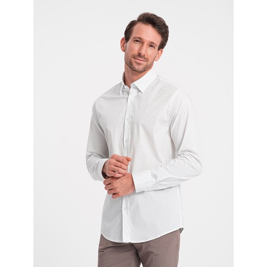 Bawełniana koszula męska w mikro wzór REGULAR FIT - biała V1 OM-SHCS-0152 ze sklepu ombre w kategorii Koszule męskie - zdjęcie 168270445