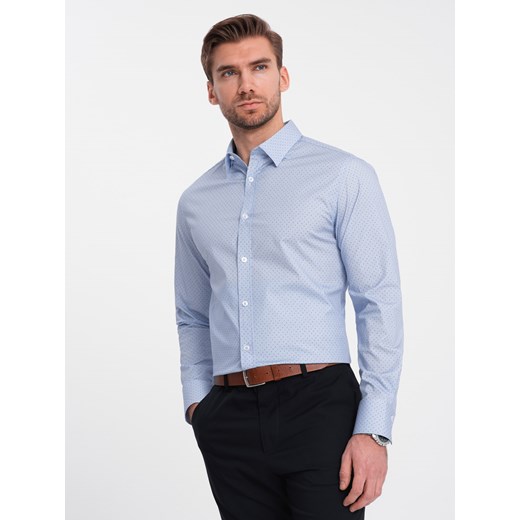 Koszula męska bawełniana w mikro wzór REGULAR FIT - jasnoniebieska V2 OM-SHCS-0152 ze sklepu ombre w kategorii Koszule męskie - zdjęcie 168270457