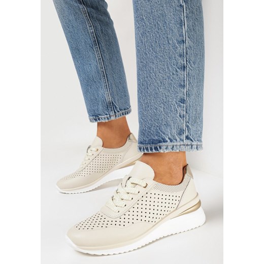 Beżowe Skórzane Sneakersy z Perforacją i Metalicznymi Wstawkami Rendia ze sklepu born2be.pl w kategorii Buty sportowe damskie - zdjęcie 168278558