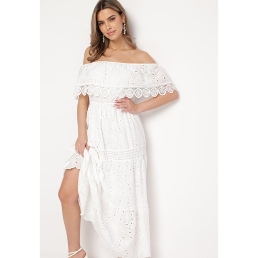 Biała Ażurowa Sukienka Hiszpanka Maxi z Bawełny Ozdobiona Koronką Bimiosa ONE SIZE promocja Born2be Odzież