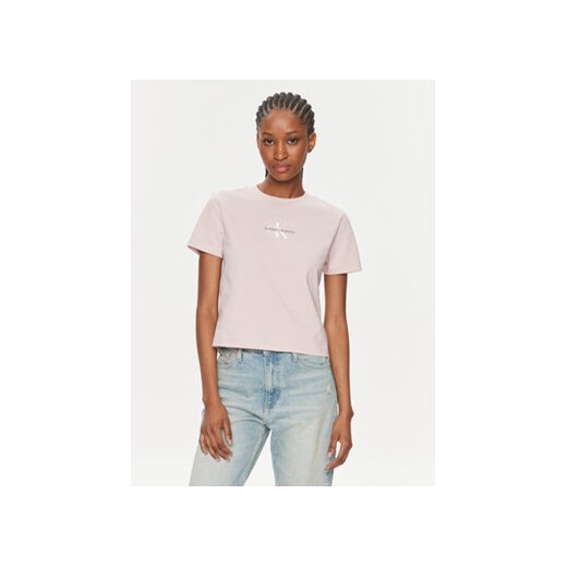 Calvin Klein Jeans T-Shirt Monologo Baby Tee J20J223113 Różowy Slim Fit ze sklepu MODIVO w kategorii Bluzki damskie - zdjęcie 168512776
