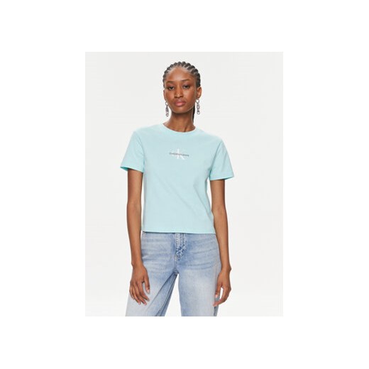 Calvin Klein Jeans T-Shirt Monologo Baby Tee J20J223113 Niebieski Slim Fit ze sklepu MODIVO w kategorii Bluzki damskie - zdjęcie 168613466