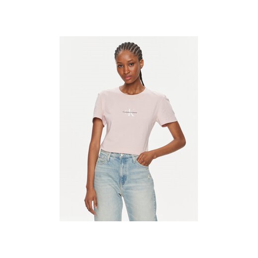 Calvin Klein Jeans T-Shirt Monologo Slim Tee J20J222564 Różowy Slim Fit ze sklepu MODIVO w kategorii Bluzki damskie - zdjęcie 168614845