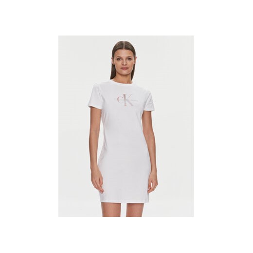 Sukienka Calvin Klein biała wiosenna prosta mini z krótkim rękawem z okrągłym dekoltem 