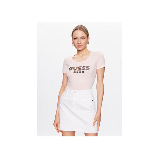 Guess T-Shirt Mesh Logo W3GI35 J1300 Różowy Slim Fit ze sklepu MODIVO w kategorii Bluzki damskie - zdjęcie 168655718