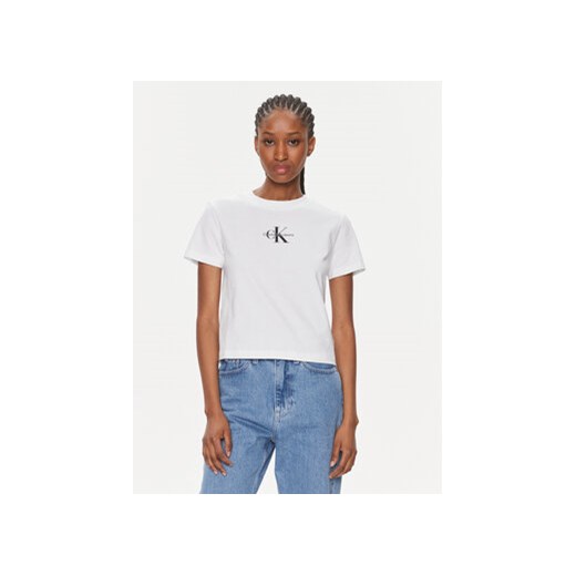 Calvin Klein Jeans T-Shirt Monologo Baby Tee J20J223113 Biały Slim Fit ze sklepu MODIVO w kategorii Bluzki damskie - zdjęcie 168697927