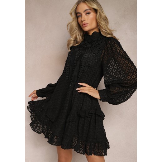 Czarna Ażurowa Sukienka Mini o Rozkloszowanym Fasonie z Falbankami Beline ze sklepu Renee odzież w kategorii Sukienki - zdjęcie 168705457