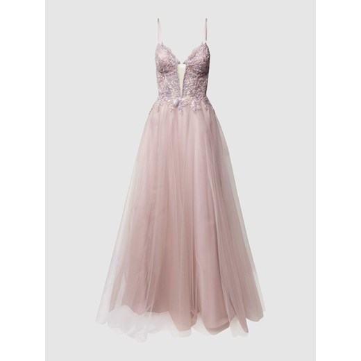 Luxuar Fashion sukienka z tiulu rozkloszowana różowa koronkowa bez rękawów z dekoltem v 