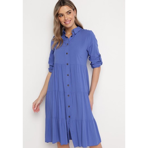 Niebieska Koszulowa Bawełniana Sukienka o Rozkloszowanym Fasonie z Guzikami Tubia ze sklepu Born2be Odzież w kategorii Sukienki - zdjęcie 168730515