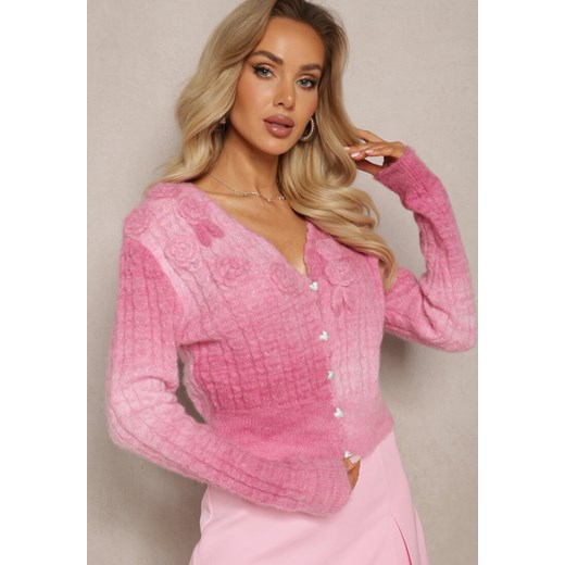 Różowy Kardigan z Kwiatami 3D oraz Guzikami Mottia ze sklepu Renee odzież w kategorii Swetry damskie - zdjęcie 168736466
