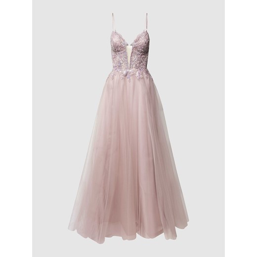 Sukienka Luxuar Fashion różowa koronkowa rozkloszowana bez rękawów z dekoltem v 