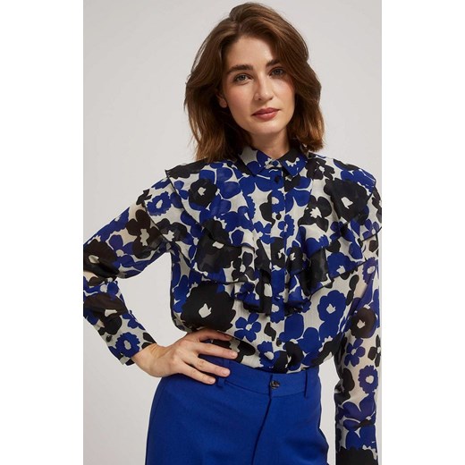 Koszula damska z kwiatowym wzorem i falbaną 4303, Kolor beżowo-czarny, Rozmiar XS, Moodo ze sklepu Primodo w kategorii Koszule damskie - zdjęcie 168755115