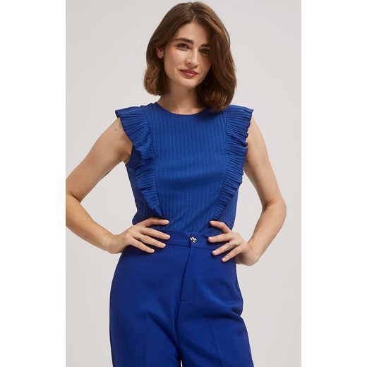 Prążkowana bluzka damska z falbaną niebieska 4302, Kolor niebieski, Rozmiar XS, Moodo ze sklepu Primodo w kategorii Bluzki damskie - zdjęcie 168755145