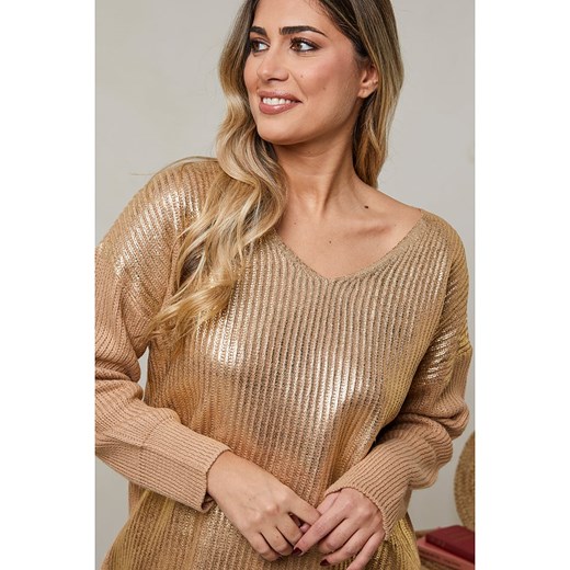 Sweter damski złoty Plus Size Company casual z dekoltem w serek 