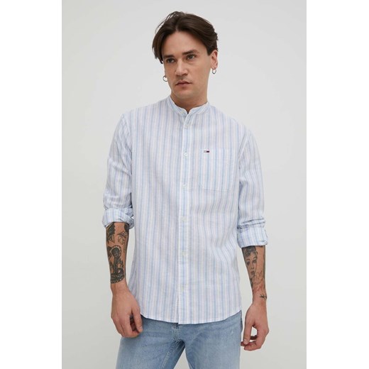 Tommy Jeans koszula z domieszką lnu kolor niebieski regular ze stójką DM0DM18960 ze sklepu ANSWEAR.com w kategorii Koszule męskie - zdjęcie 168774915