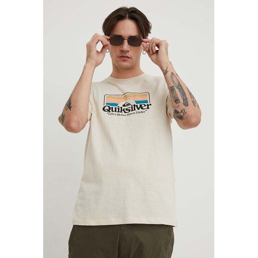 Quiksilver t-shirt bawełniany męski kolor beżowy z nadrukiem ze sklepu ANSWEAR.com w kategorii T-shirty męskie - zdjęcie 168775567