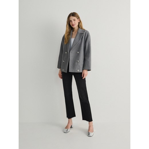 Reserved - Krótki płaszcz z wełną - szary ze sklepu Reserved w kategorii Płaszcze damskie - zdjęcie 168796607