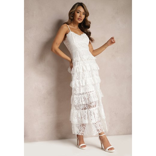 Biała Koronkowa Sukienka Maxi Rozkloszowana na Regulowanych Ramiączkach Walerin ze sklepu Renee odzież w kategorii Sukienki - zdjęcie 168814876
