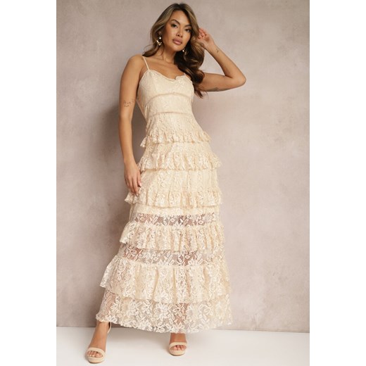 Beżowa Kopertowa Sukienka Midi o Rozkloszowanym Kroju Noravel ze sklepu Renee odzież w kategorii Sukienki - zdjęcie 168815086