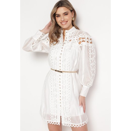 Biała Koronkowa Sukienka Mini z Paskiem i Guzikami Nyloni ze sklepu Born2be Odzież w kategorii Sukienki - zdjęcie 168815999