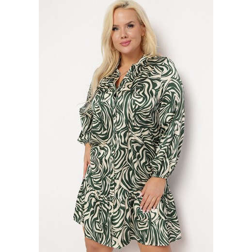 Zielono-Beżowa Sukienka Mini z Falbanką i Abstrakcyjnym Wzorem Ovina ze sklepu Born2be Odzież w kategorii Sukienki - zdjęcie 168816299