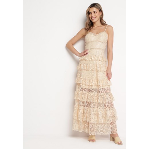 Beżowa Sukienka Maxi Koronkowa na Regulowanych Ramiączkach Viresta ze sklepu Born2be Odzież w kategorii Sukienki - zdjęcie 168842197