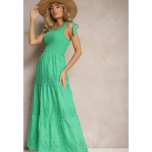 Zielona Ażurowa Sukienka Rozkloszowana Maxi z Bawełny z Wiązanymi Ramiączkami Miresta ze sklepu Renee odzież w kategorii Sukienki - zdjęcie 168846869