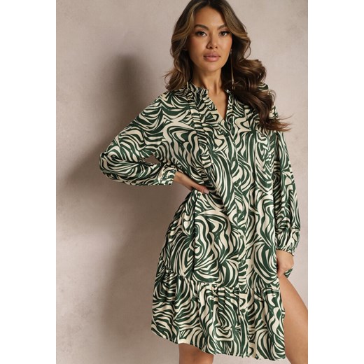 Zielono-Beżowa Rozkloszowana Sukienka Mini w Koszulowym Stylu z Falbanką i Ozdobnym Wzorem Bevina ze sklepu Renee odzież w kategorii Sukienki - zdjęcie 168846899