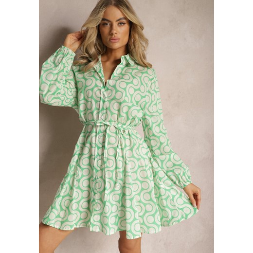Zielono-Beżowa Koszulowa Sukienka z Bawełny z Geometrycznym Wzorem Vearil ze sklepu Renee odzież w kategorii Sukienki - zdjęcie 168847039