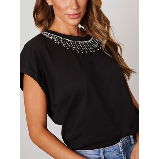 Czarna bluzka damska La Angels z okrągłym dekoltem wiosenna z krótkim rękawem 