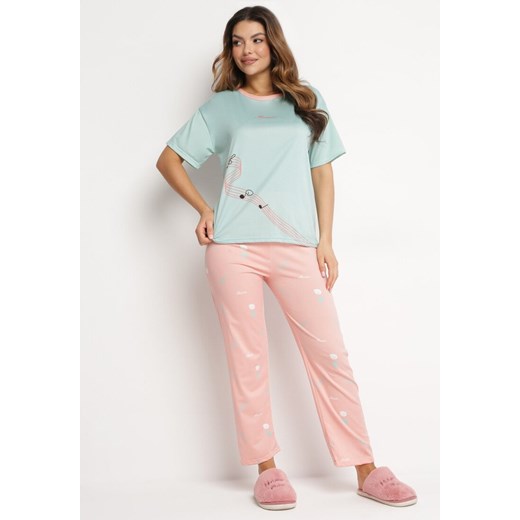 Miętowy Komplet Piżamowy Koszulka z Nadrukiem i Proste Długie Spodnie Lirrana ze sklepu Born2be Odzież w kategorii Piżamy damskie - zdjęcie 168933245