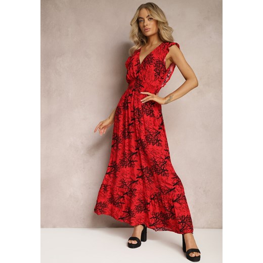 Czerwona Rozkloszowana Sukienka z Wiskozy Maxi z Kopertowym Dekoltem Luksia ze sklepu Renee odzież w kategorii Sukienki - zdjęcie 168935777