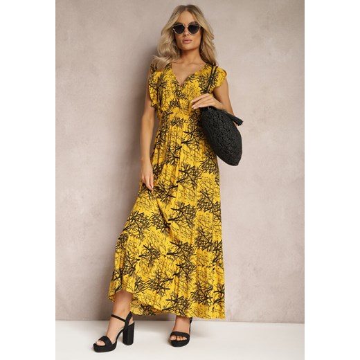 Żółta Rozkloszowana Sukienka z Wiskozy Maxi z Kopertowym Dekoltem Luksia ze sklepu Renee odzież w kategorii Sukienki - zdjęcie 168935788