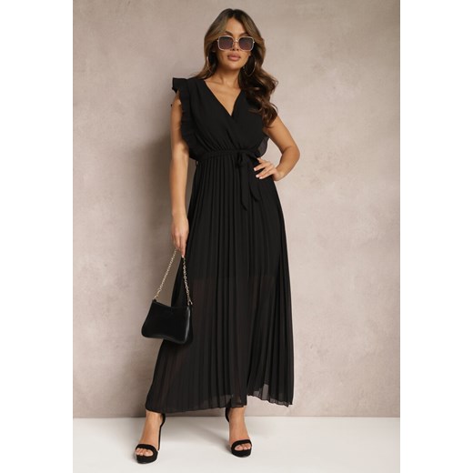 Czarna Wiskozowa Sukienka Maxi z Plisowaniem o Rozkloszowanym Kroju i Kopertowym Dekolcie Fliceris ze sklepu Renee odzież w kategorii Sukienki - zdjęcie 168935798
