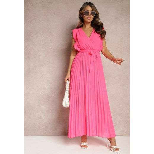 Różowa Wiskozowa Sukienka Maxi z Plisowaniem o Rozkloszowanym Kroju i Kopertowym Dekolcie Fliceris ze sklepu Renee odzież w kategorii Sukienki - zdjęcie 168935808