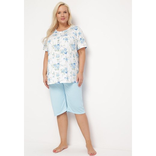 Niebiesko-Biały Komplet Piżamowy w Kwiaty Koszulka z Krótkim Rękawem i Spodnie Lużne 3/4 Lareni ze sklepu Born2be Odzież w kategorii Piżamy damskie - zdjęcie 168939815